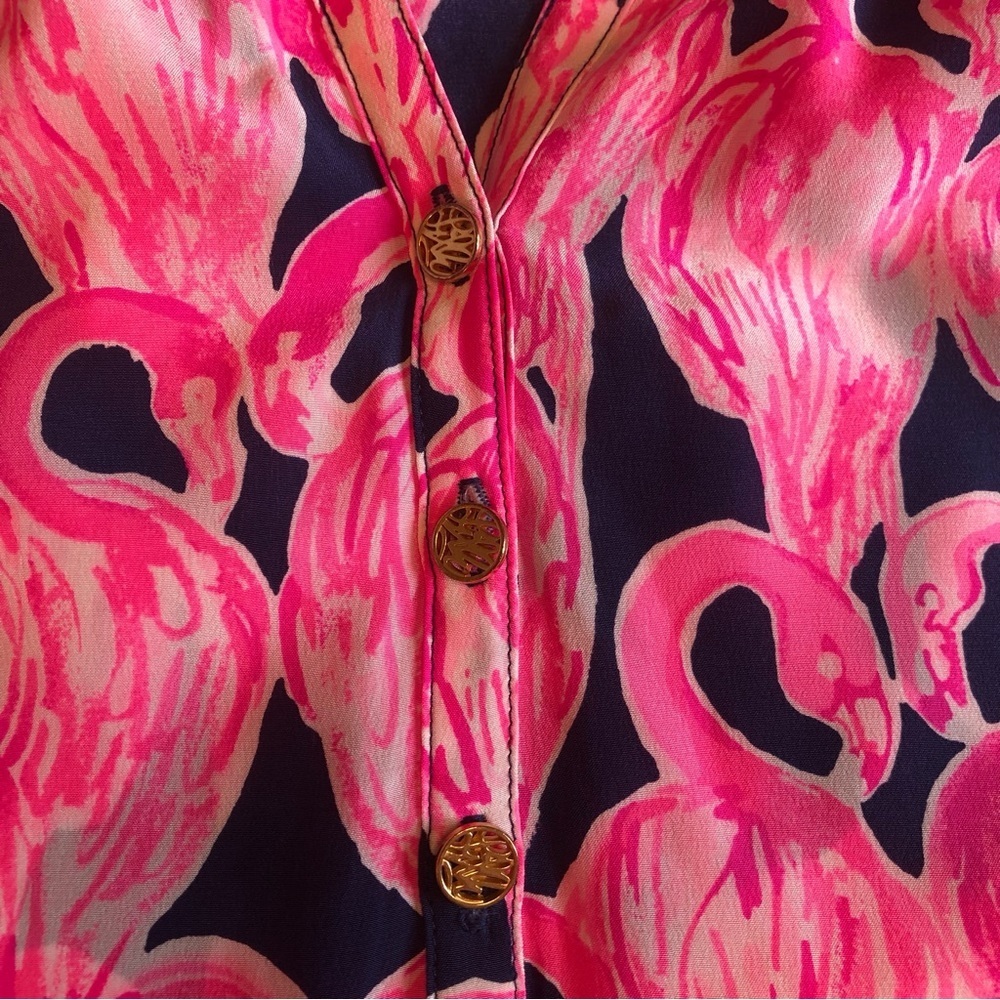 Lilly Pulitzer 100% Silk Pink & Black Long Sleeve Blouse w/ Mandarin Collar Sz S - Picture 5 of 10
